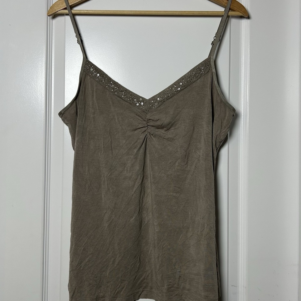 Ann Taylor LOFT Taupe Sequin Trim V-Neck Ruched Cami Tank Top Soft‎ Boho Style